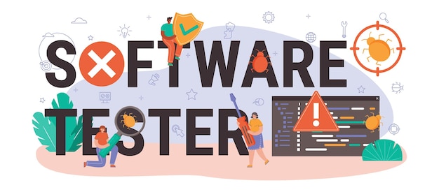 Cabeçalho tipográfico do testador de software. teste de código de aplicativo ou site. desenvolvimento e depuração de software. especialista em ti em busca de bugs. ilustração em vetor plana isolada