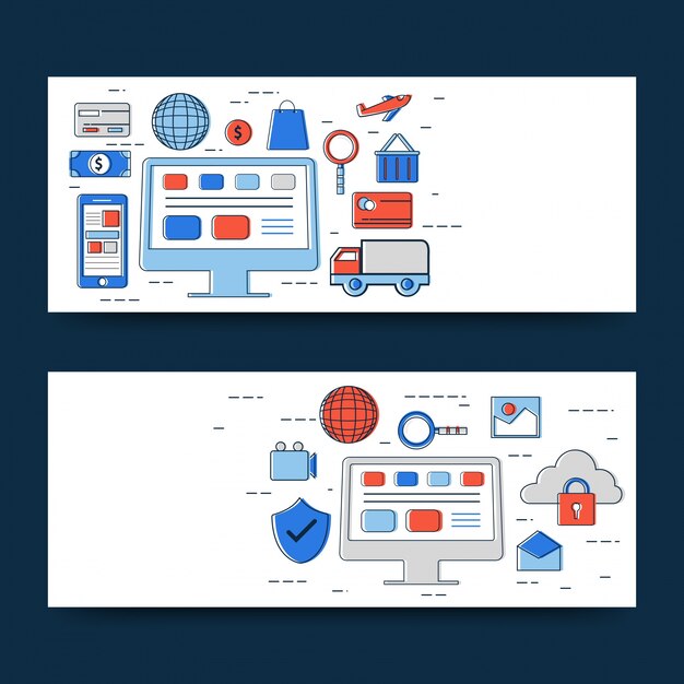 Vetor cabeçalhos de site ou design de banners com design de infografia.