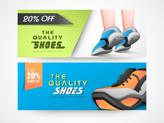 Vetor cabeçalhos ou banners do site footwear sale com ilustração de sapatos elegantes.