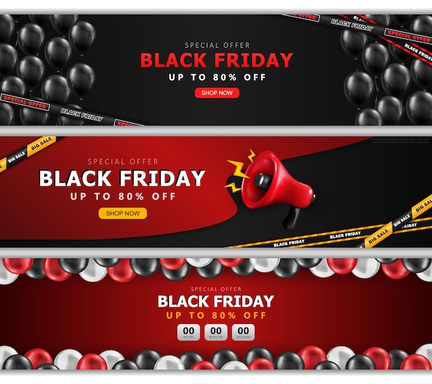 Cabeçalhos promocionais da black friday com balões 3d de megafone vermelho de contagem regressiva de venda e fitas de desconto