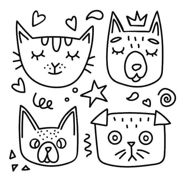 Cabeças de cães e gatos. ilustração do doodle desenhada à mão. desenho vetorial de linha