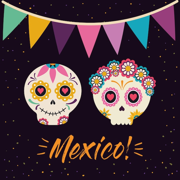 Cabeças de caveiras mexicanas femininas e masculinas com desenho de flâmula de banner, tema da cultura mexicana