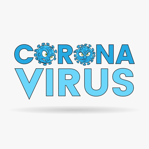 Cabeças de desenhos animados de coronavírus e letras maiúsculas azuis com contornos pretos
