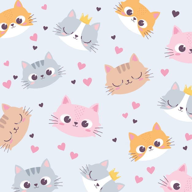 Cabeças de gatos bonitos amam fundo de personagem engraçada animal dos desenhos animados de coração