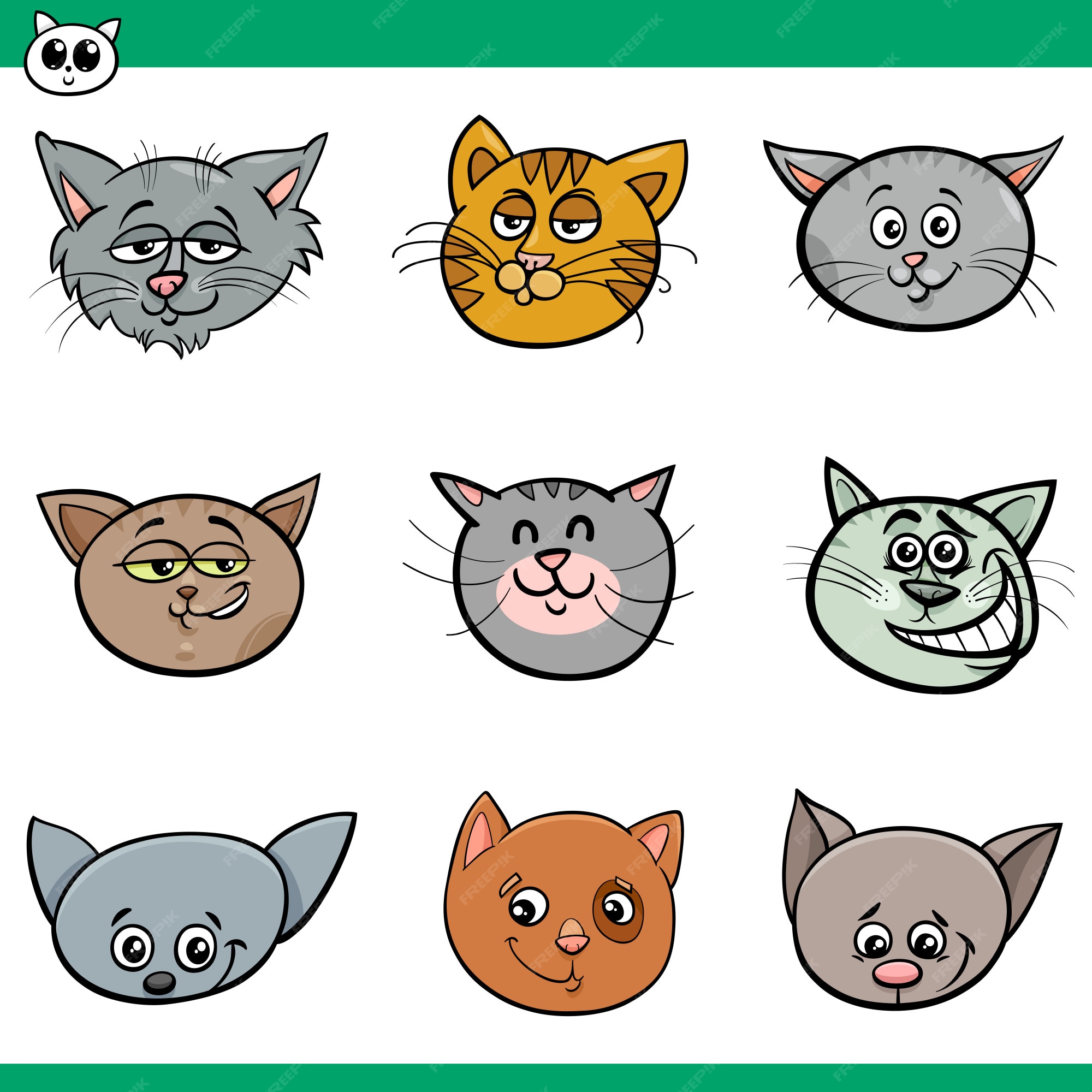 Vetores de Ilustração Dos Desenhos Animados De Ot De Gatos Engraçados  Gatinhos Cabeças Conjunto Descrito Pacote De Vetor De Ícones Coloridos De Gatos  Desenhos Animados Malhumorado Maine Coon Siameses Britânicos E Domésticos