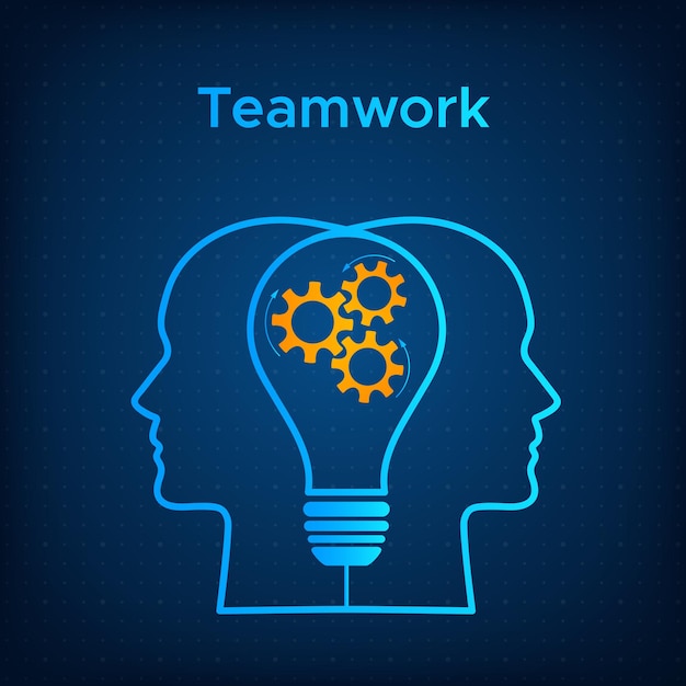 Vetor cabeças silhueta lâmpada conceito de trabalho em equipe criativo ilustração vetorial perfil humano azul com