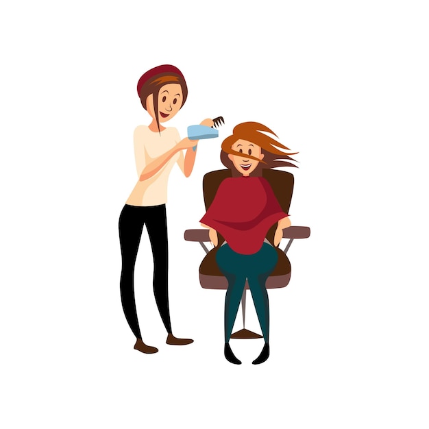 Cabeleireira secando o cabelo para seu cliente com escova de cabelo e secador de cabelo profissional cabeleireiro no local de trabalho dos desenhos animados vector ilustração sobre um fundo branco