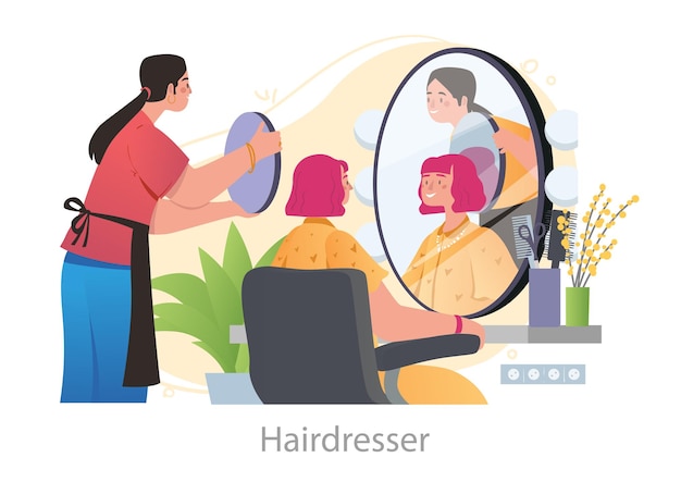 Vetor cabeleireiro serve cliente conceito mulher com um belo penteado olhar no espelho funcionário mostrar resultado