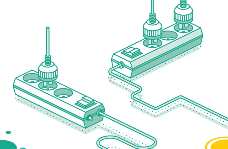 Vetor cabo de extensão elétrico moderno com plugue de tomada de energia elétrica conceito de contorno isométrico de dois objetos powerboard com três slots