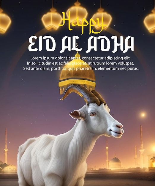 Vetor cabra branca feliz de eid aladha mubarak com mesquita