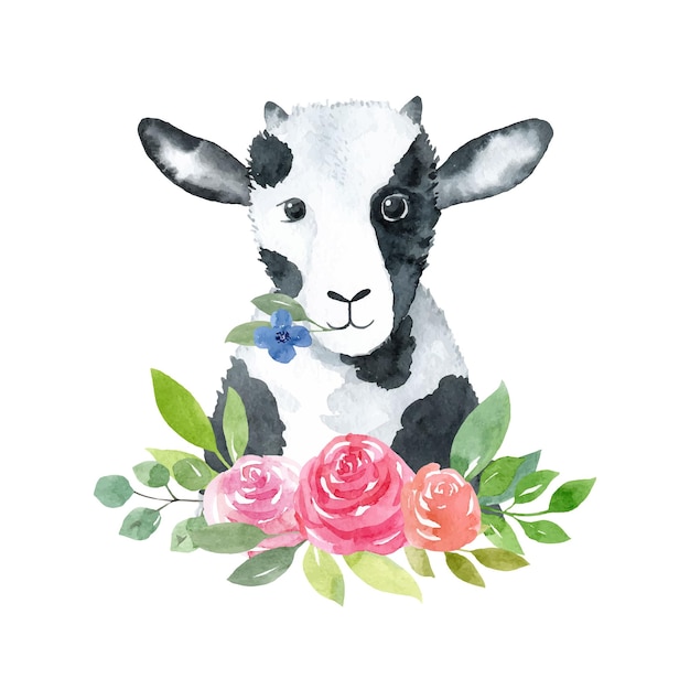 Cabra com ilustração vetorial de aquarela de flores sobre fundo branco personagem de cabra bebê fofo