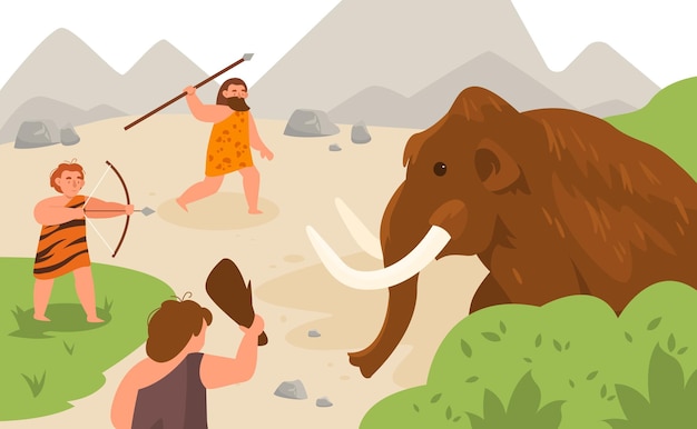 Caça na idade da pedra Homens antigos perseguindo animal mamute com raiva homem das cavernas perseguindo presas neolíticos pré-históricos com armas primitivas arco e flecha lança e conceito de desenho animado de vetor de clube