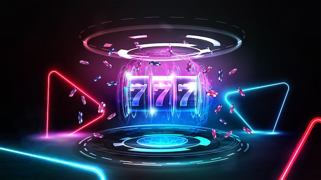 Caça-níqueis Neon Casino com fichas de pôquer jackpot e holograma de anéis digitais em cena escura com triângulos neon rosa e azul