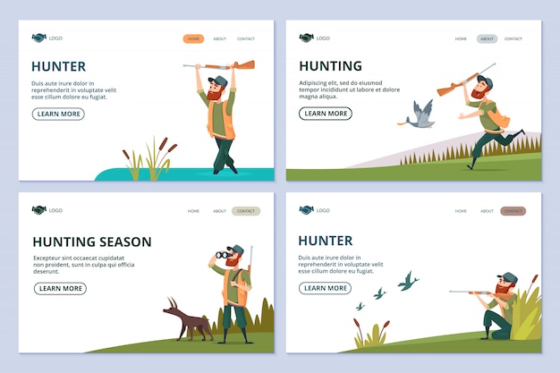 Caçando páginas da web. Caçador com arma, cachorro, patos banners