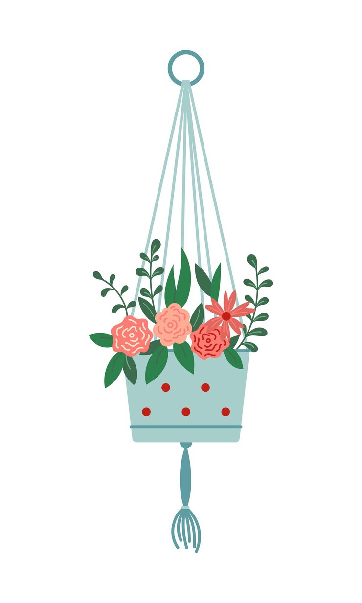 Vetor cache pot com flores florescentes ilustração vetorial folhas verdes flores florescem desenho de estilo plano