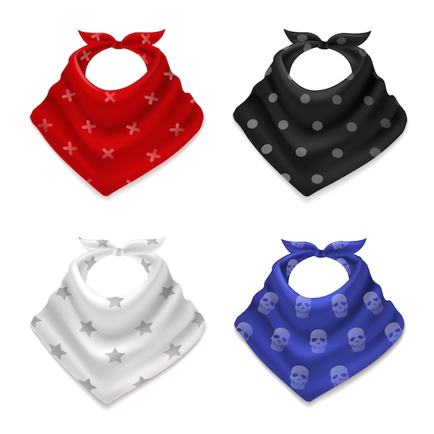 Cachecol de bandana realista 3d lenços de seda vermelho e azul branco e preto com padrões lenços estilo cowboy com estampas moda acessórios para pescoço e cabeça conjunto de vetores de lenço amarrado