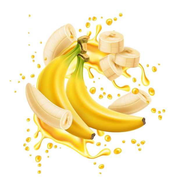 cacho de banana com anéis descascados em suco amarelo espiral de explosão Fruta natural realista