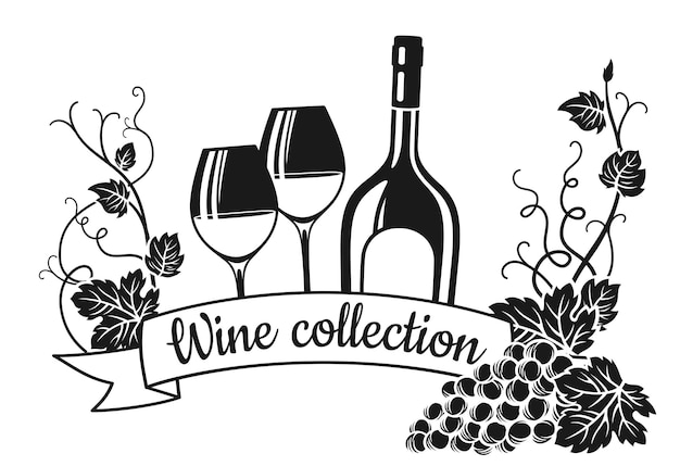 Cacho de uva de garrafa de copo de vinho e composição de gravura de fita carimbo design de forma de tinta de uvas de videira