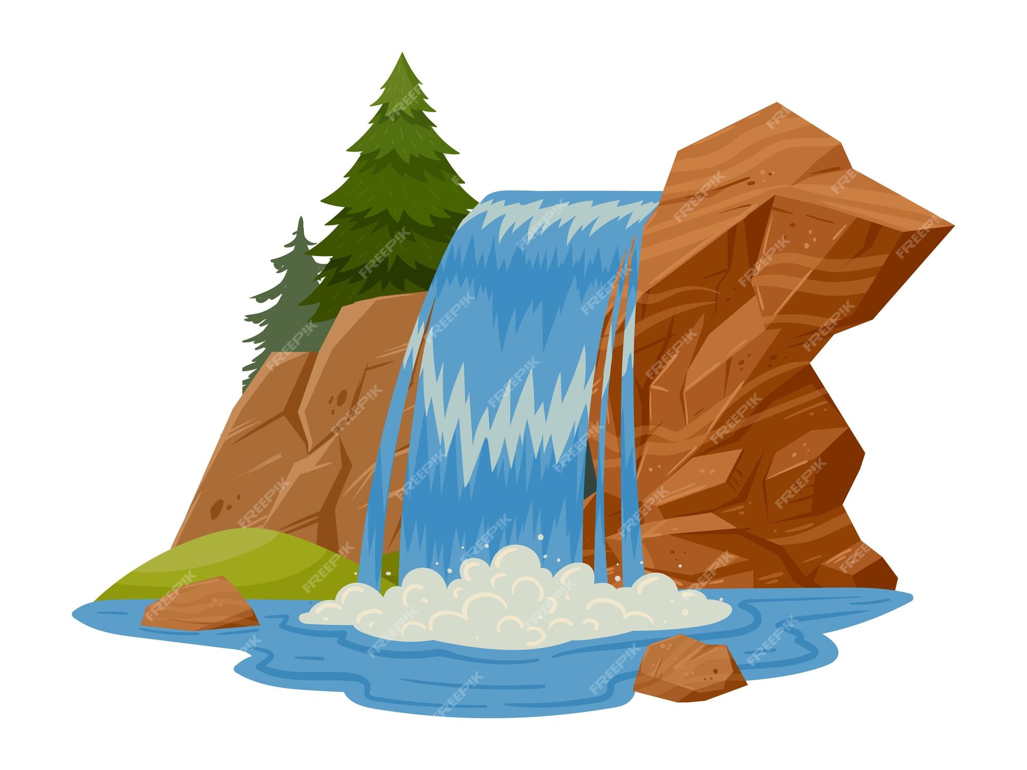 Cachoeira Do Rio Dos Desenhos Animados. Paisagem Com Montanhas E Árvores.  Elemento De Design Para Brochura De Viagem Ou Ilustração Jogo Móvel. Água  Natural Fresca Royalty Free SVG, Cliparts, Vetores, e Ilustrações