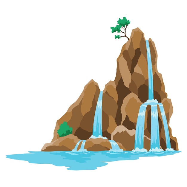 Cachoeira da cascata do rio dos desenhos animados Paisagem com montanhas e árvores Elemento de design para folheto de viagem ou ilustração de jogo móvel Água natural fresca