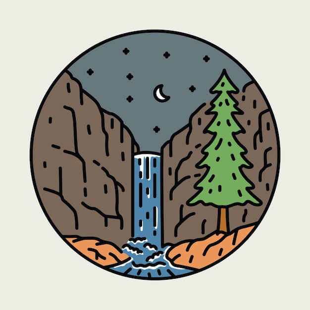 Cachoeira de beleza à noite ilustração gráfica arte vetorial design de camiseta