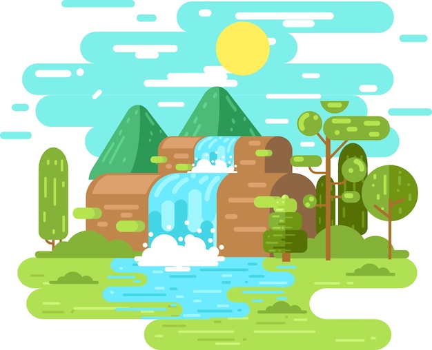 Cachoeira e floresta com ilustração de design plano