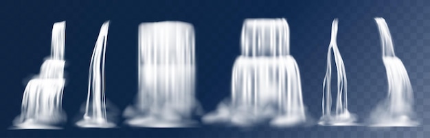 Cachoeira em cascata. Córregos 3D realistas de queda da montanha com nevoeiro, fluxo de água com salpicos. Cachoeiras naturais de vetor isoladas em fundo transparente para paisagens decorativas