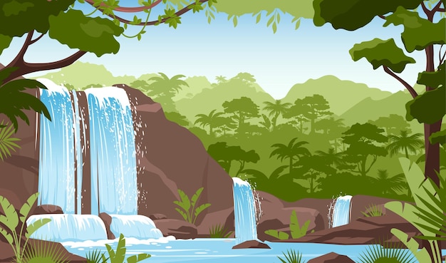 Vetor cachoeira em floresta tropical verde