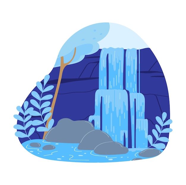 Cachoeira estilizada de desenho animado com riachos de água azul e lagoa cercada por rochas e vegetação