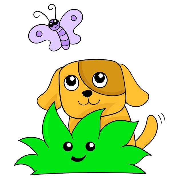 Cachorrinho brincando nos arbustos caçando borboletas, arte de ilustração vetorial. doodle ícone imagem kawaii.