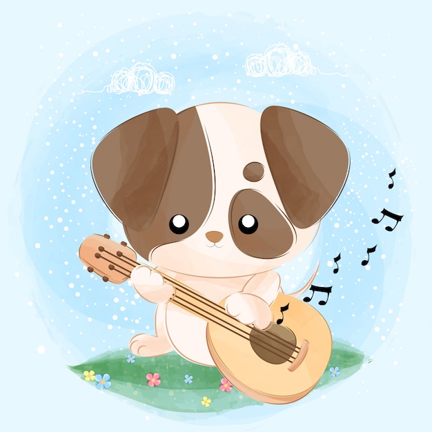 Cachorrinho fofo tocando guitarra