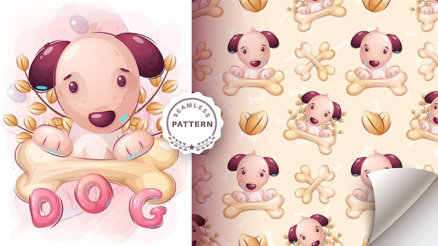 Cachorro adorável de personagem de desenho animado sem costura padrão