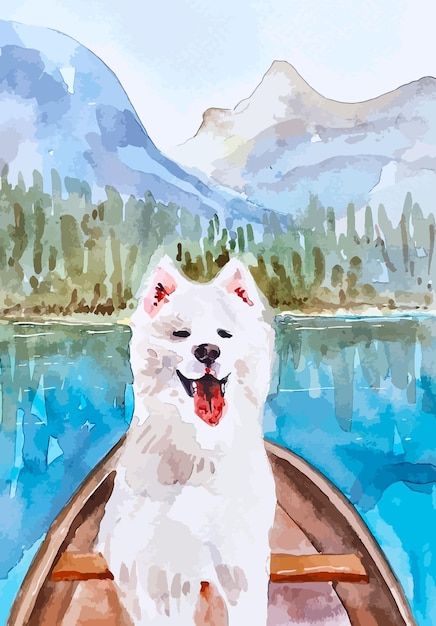 Vetor cachorro branco samoiedo no barco no lago com ilustração da natureza em aquarela de vista para as montanhas