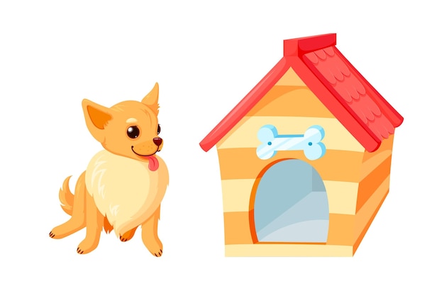 Vetor cachorro chihuahua e canil com tigela casinha de madeira com telhado vermelho isolado em fundo branco