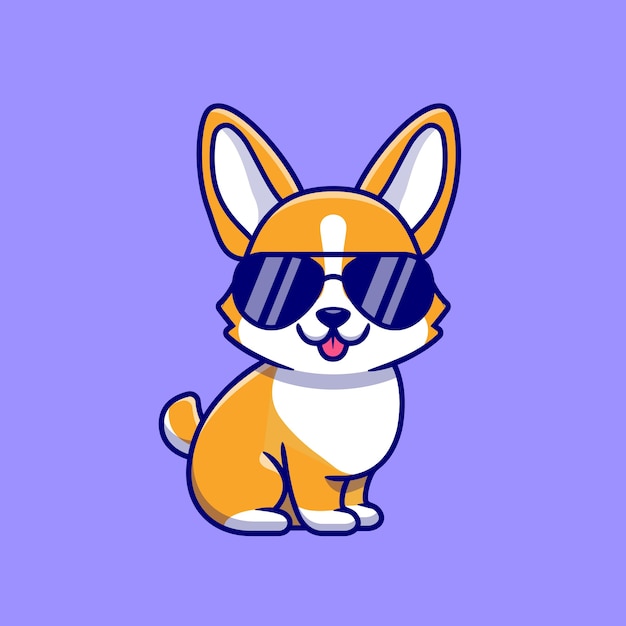 Cachorro corgi legal com ilustração do ícone dos desenhos animados de óculos.