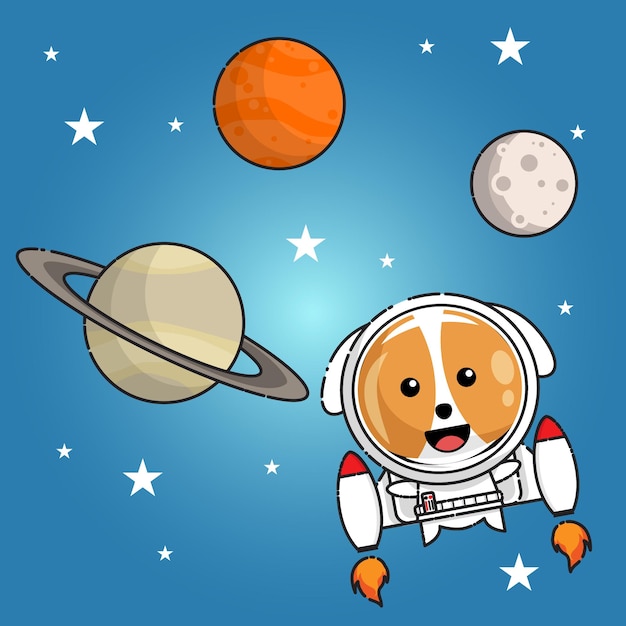 Cachorro fofo com uniforme de astronauta voando entre saturno marte e a lua