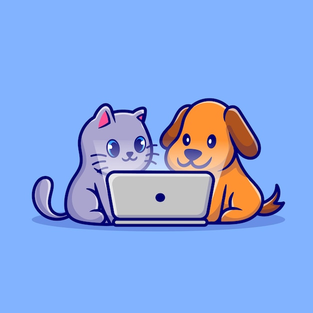 Cachorro fofo e gato fofo olhando juntos no laptop ilustração de desenho animado