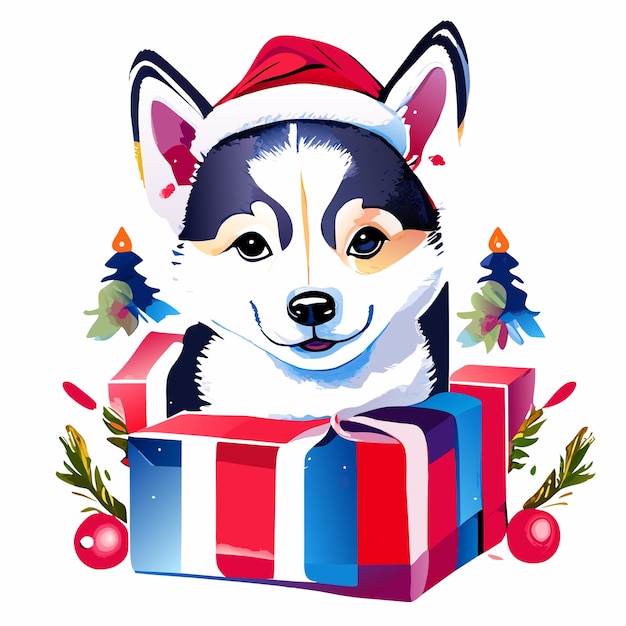 Vetor cachorro husky de natal adesivo de desenho animado desenhado à mão conceito de ícone ilustração isolada