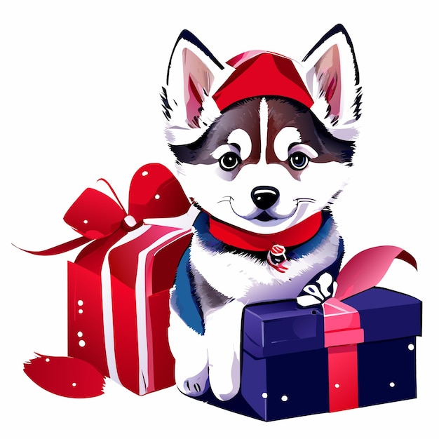 Vetor cachorro husky de natal adesivo de desenho animado desenhado à mão conceito de ícone ilustração isolada