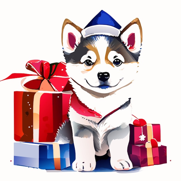 Vetor cachorro husky de natal adesivo de desenho animado desenhado à mão conceito de ícone ilustração isolada