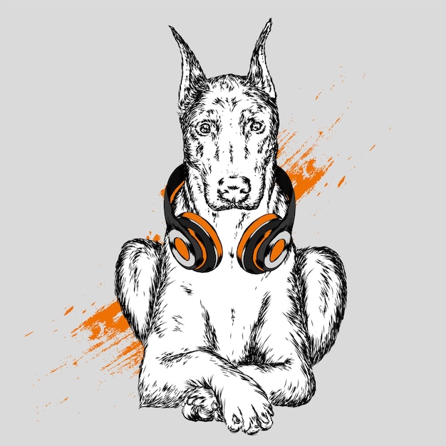 Vetor cachorro lindo na ilustração de fones de ouvido