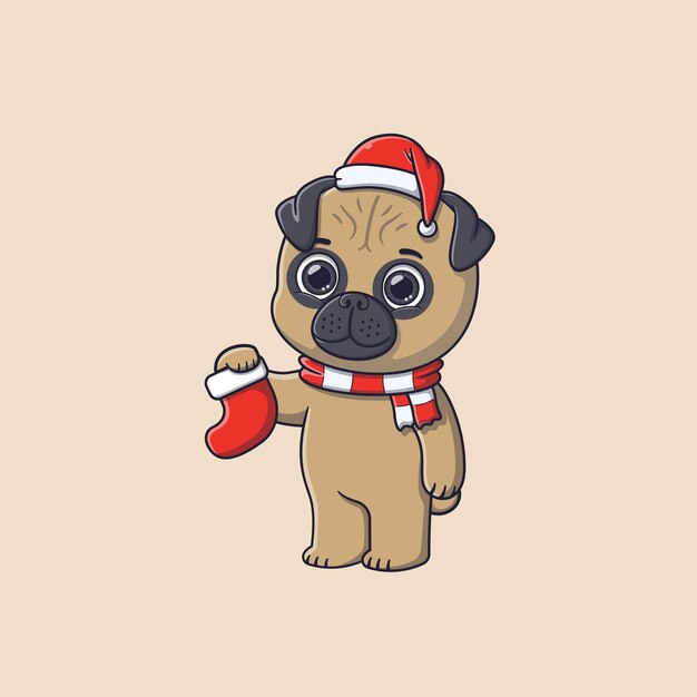 Cachorro pug fofo segurando meias de natal