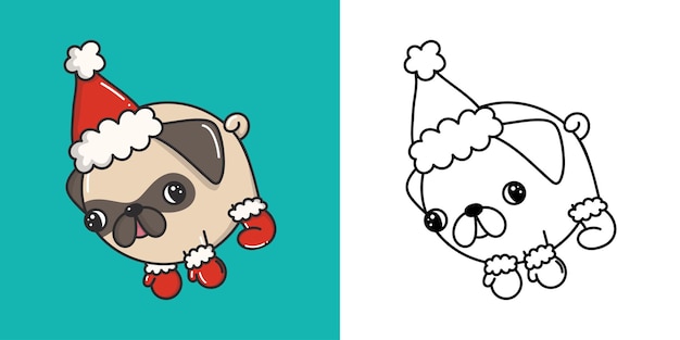 Cachorro pug kawaii de ano novo para colorir página e ilustração adorável clip art cachorro de natal