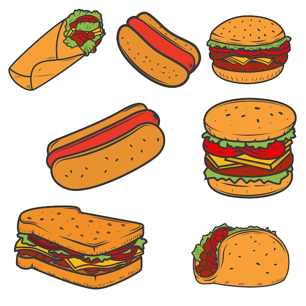 Cachorro-quente, hambúrguer, taco, sanduíche, burrito. conjunto de ícones de fast-food no fundo branco. elementos para o logotipo, etiqueta, emblema, sinal, marca.