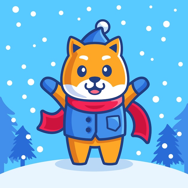 Cachorro shiba inu de desenho animado na temporada de inverno