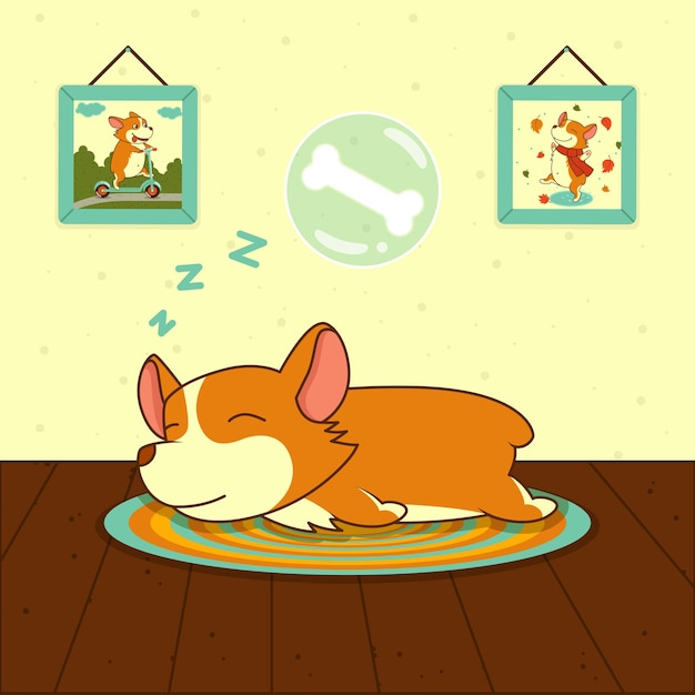 Vetor cachorro welsh corgi fofo dormindo na esteira. doces sonhos de cachorrinhos. ilustração vetorial