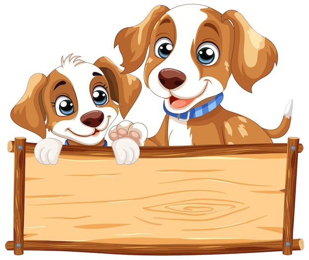 Cachorros brincalhões com sinal de madeira