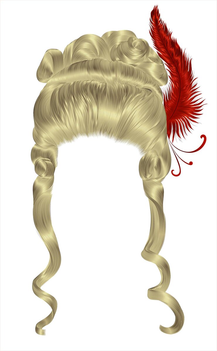 Vetor cachos de cabelos de peruca de mulher. estilo medieval rococó, barroco. penteado alto com penas.