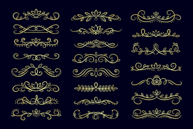 Cachos ornamentais dourados, redemoinhos vetoriais de caligrafia ornamentada