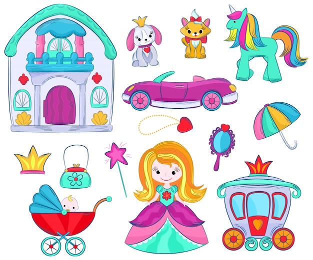 Caçoa jogos do girlie dos desenhos animados do vetor dos brinquedos para crianças na sala de jogos e que joga com carro criançola ou carrinho de boneca da menina e grupo da ilustração da princesa de unicórnio ou de cão isolado.